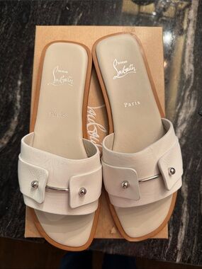 Christian Louboutin Cream Leather Slide Sandals with Silver Stud Accents